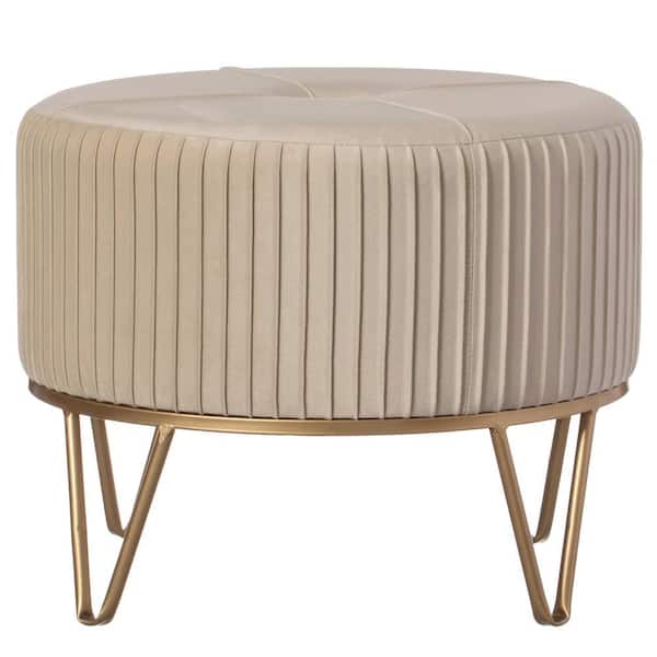 Cream, Medium Round Velvet Ottoman Stool Raised with Hairpin Gold Base, Papasan Chair