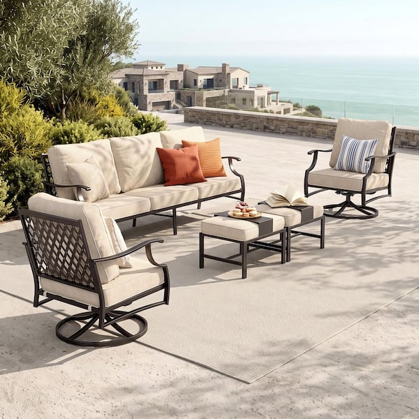 Black 5-Piece Metal Meshed 7-Seat Outdoor Patio Conversation Set with Beige Cushions, 2 Swivel Chairs and 2 Ottomans