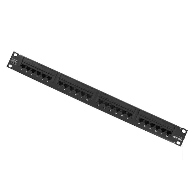 Leviton GigaMax 24-Port Cat 5e Universal 1RU Patch Panel with Cable Management Bar, Black 5G596-U24