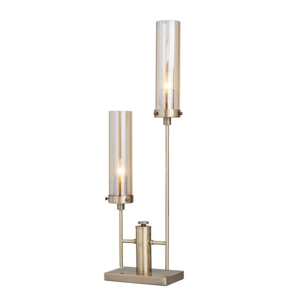 Litton Lane 33 in. Gold Metal Tall Task and Reading Table Lamp with Cylinder Glass Shades