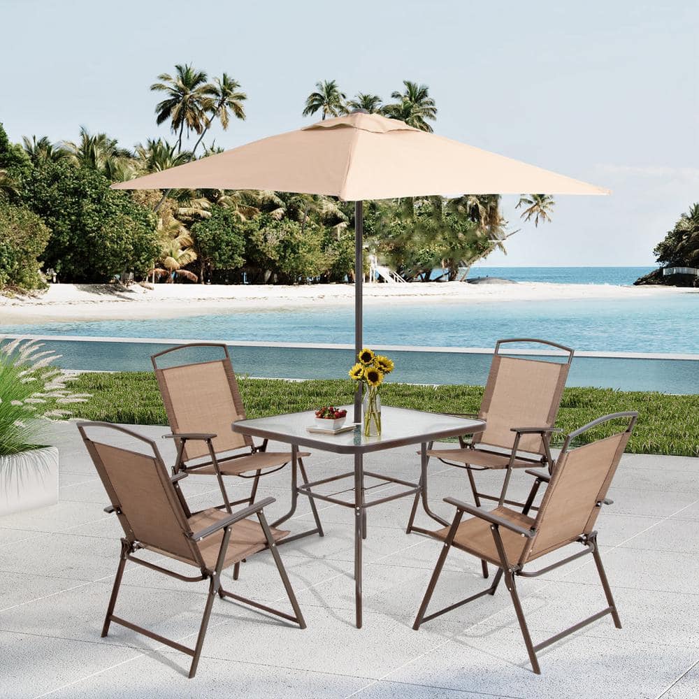 6-Piece Brown Steel and Glass Outdoor Dining Set with Tan Umbrella