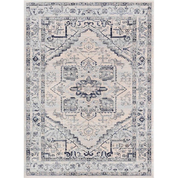 Omaha Camilla Farmhouse, Oriental, Distressed, Ivory Blue 9 ft. 3 in. x 12 ft. 6 in., Area Rug