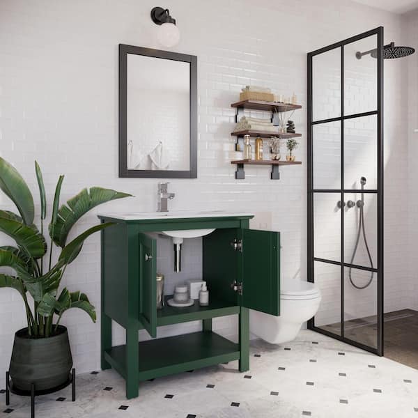 Manchester 30 in. Single Sink Shaker-Style Dark Green Bath Vanity with White Quartz Top and Integrated Sink