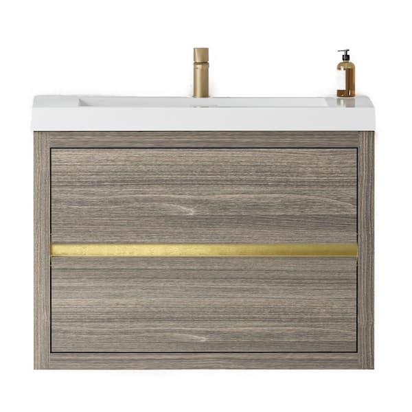 29.53 in. W x 19.69 in. D x 22.44 in. H Wall-Mounted Bath Vanity in Grey Ash with White Resin Top