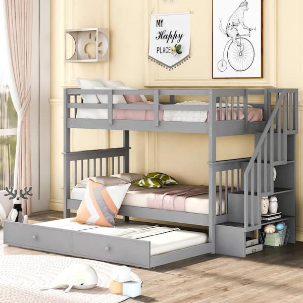 Gray Twin-Over-Twin Stairway Bunk Bed with Trundle, Wood Kid Bunk Beds with 4 Storage Staircases and Guardrail