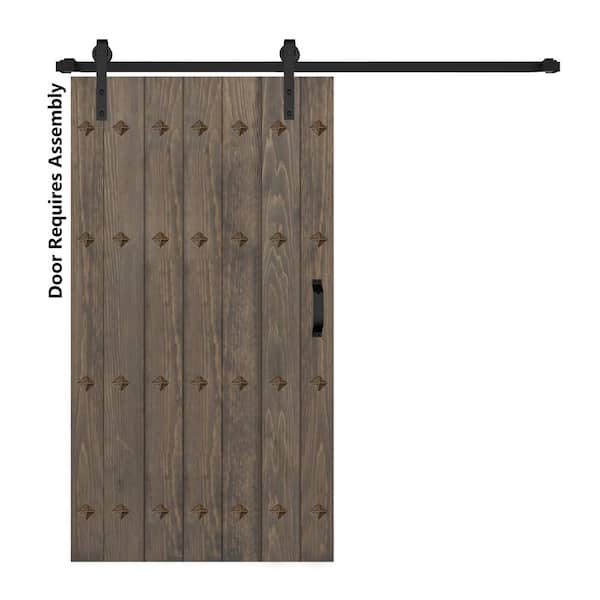 ISLIFE Mid-Century New Style 42 in. x 84 in. Smoky Gray Finished Solid Wood Sliding Barn Door with Hardware Kit