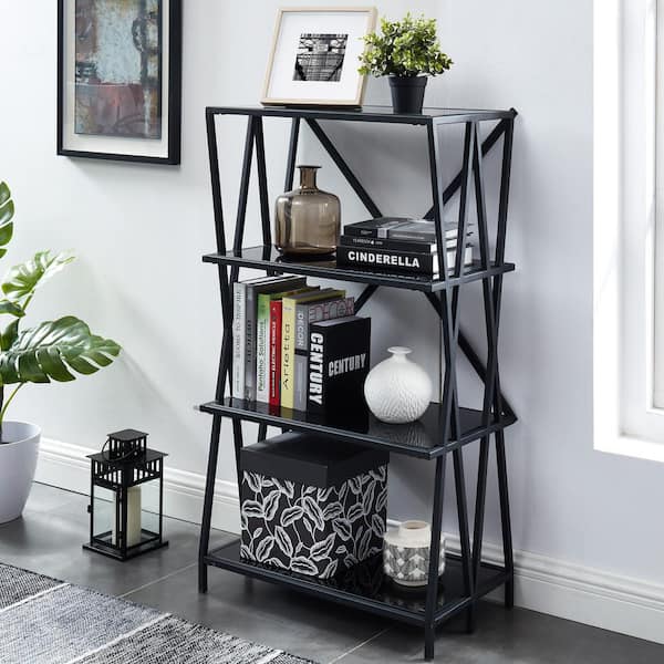 Libi 44 in. H Black 4-Shelf Bookcase With Glass Shelves