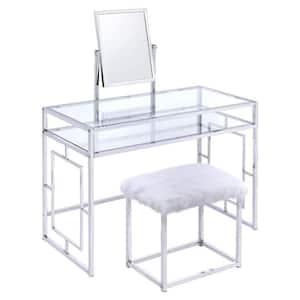 42 In. 2-Piece Chrome Makeup Vanity Set with Desk, Faux Fur Stool And Mirror