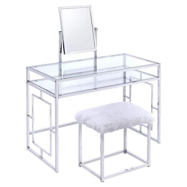 Benjara 42 in. 2-Piece Chrome Makeup Vanity Set with Desk, Faux Fur Stool and Mirror