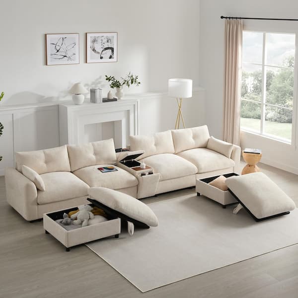 136 in. W Chenille Modular Sectional Sofa in. Beige with USB Charger, Console, Cup Holder and Ottoman