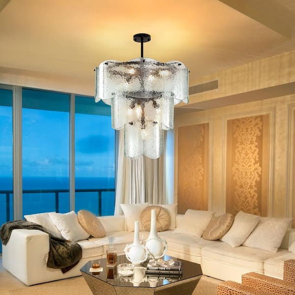 8-Light Black Pendant Hanging Light Fixture Modern Branch with Glass Lampshade Chandelier