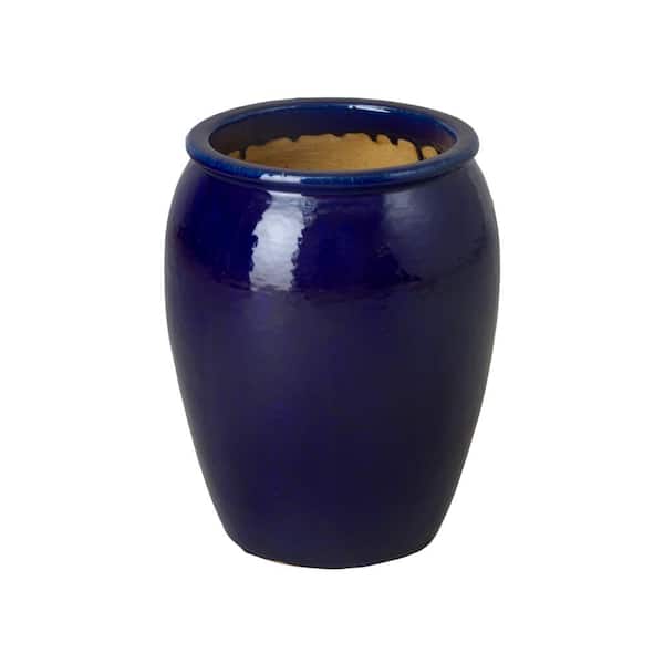 Emissary Tall 16 in. L x 20 in. H Blue Ceramic Round Planter with Drainage Hole