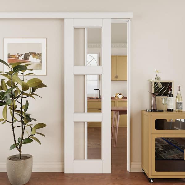 24 in. x 80 in. Hidden Track Style 3-Lite Clear Glass Primed MDF Assembly Required Sliding Barn Door with Hardware Kit