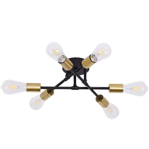 16.54 in.6-Light Black Flush Mount with Aged Brass Socket Cups