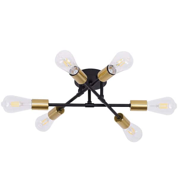 Briignite 16.54 in.6-Light Black Flush Mount with Aged Brass Socket Cups