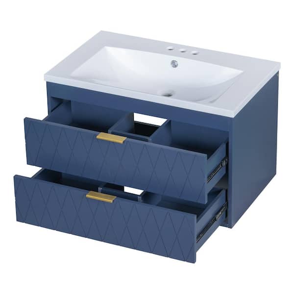 Aoibox 30 in. W x 18 in. D x 19 in. H Wall Mounted Bath Vanity in Navy Blue with White Resin Sink Top, 2 Drawers Cabinet
