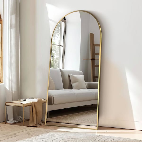 36 in. W. x 75 in. H Full Length Arched Free Standing Body Mirror, Metal Framed Wall Mirror, Large Floor Mirror in Gold
