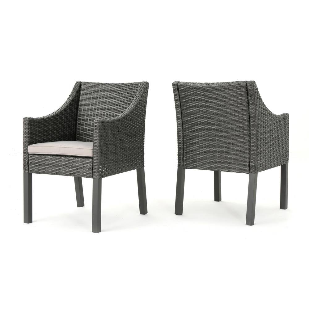 Gray and Silver Wicker Outdoor Dining Chairs with Cushions, Set of 2