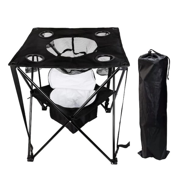 OVENTE Collapsible Folding Camping Table with Insulated Cooler, 4 Cup Holders, Table for Fishing, Black POTC0014B