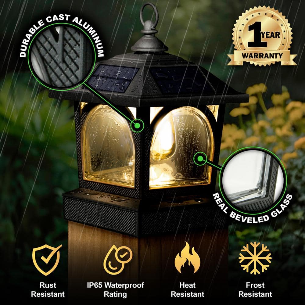 Black Aluminum LED Solar Post Cap Lantern