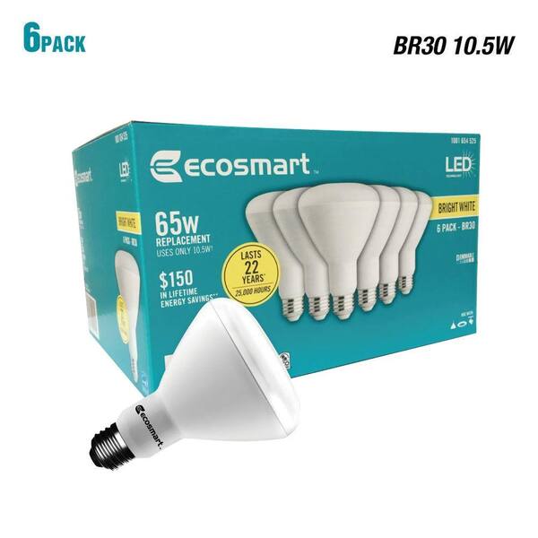 6-Pack Details about   EcoSmart 65-Watt Equivalent BR30 Dimmable LED Light Bulb Daylight 