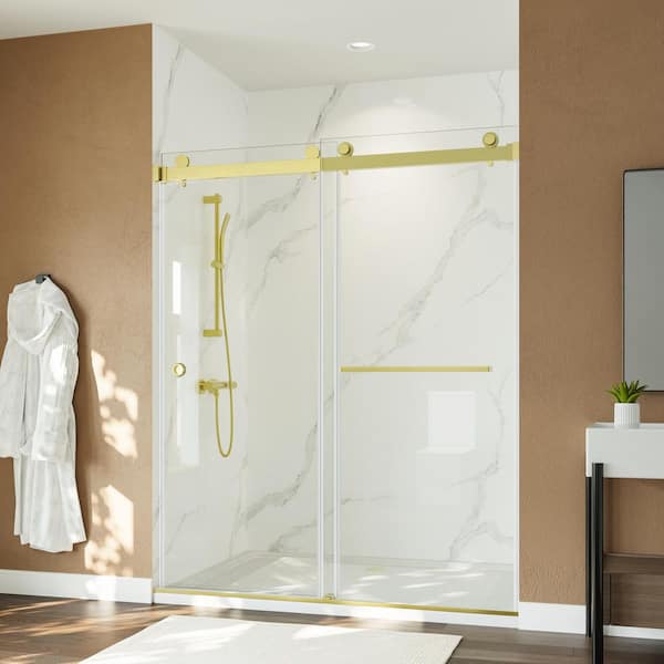 EASYWORC 55-59 in. W x 72 in. H Frameless Double Sliding Shower Door 5/16 in. Tempered Glass Brushed Gold