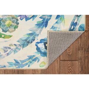 Washable Emily Ivory/Blue 3 ft. x 5 ft. Abstract Rectangle Area Rug