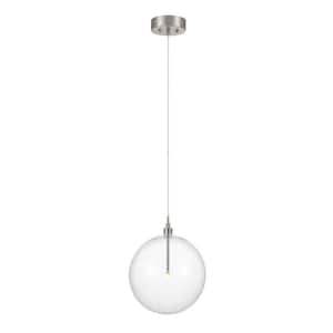 14 in. W x 14 in. H 1-Light Brushed Nickel Pendant Light with Clear Orb Glass Shade and Dimmable LED Light Bulb Included