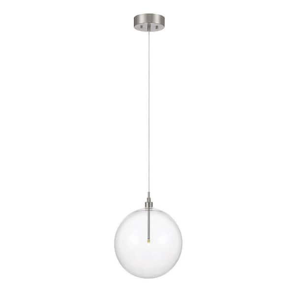 TUXEDO PARK LIGHTING 14 in. W x 14 in. H 1-Light Brushed Nickel Pendant Light with Clear Orb Glass Shade and Dimmable LED Light Bulb Included