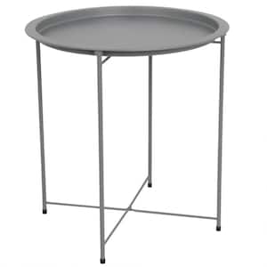 Foldable Round Multi-Purpose Matte Grey Side Accent Metal Table