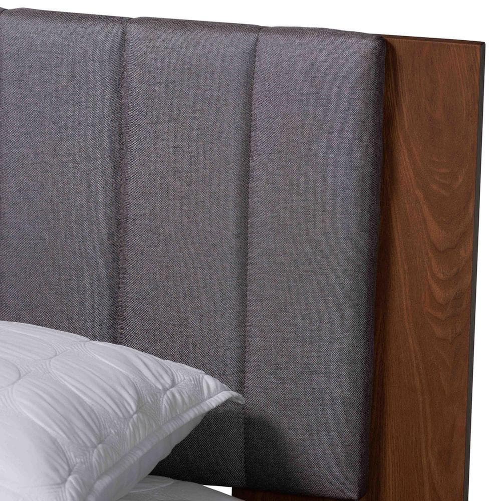 Gray Fabric and Walnut Wood Queen Platform Bed with Tufted Headboard