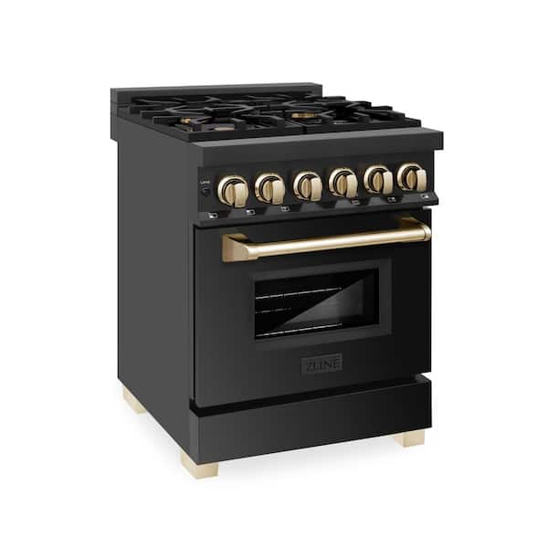 ZLINE Kitchen and Bath Autograph Edition 24 in. 4 Burner Dual Fuel Range in Black Stainless Steel and Polished Gold