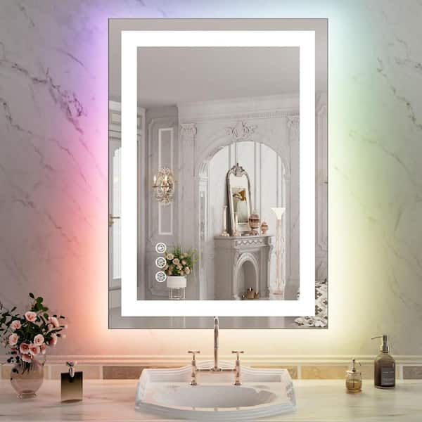 KIOTEE 40 in. W x 24 in. H Rectangular Frameless LED Frontlit,RGB Backlit Anti-Fog Tempered Glass Wall Bathroom Vanity Mirror