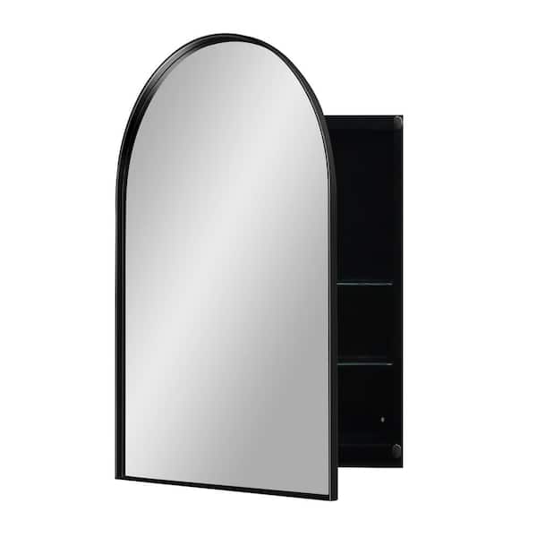 24 in. W x 35.8 in. H Arched Black Framed Wall Mount or Recessed Medicine Cabinet with Mirror and Storage