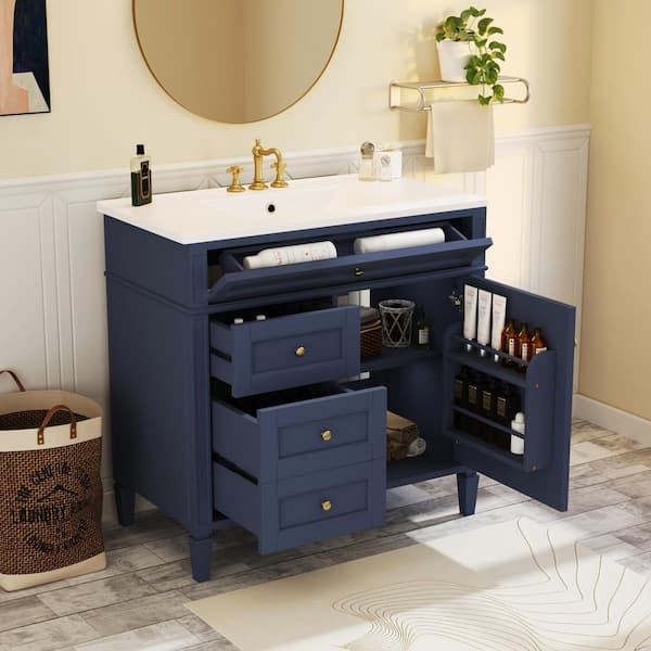 36 in. Blue Bathroom Vanity with White Ceramic Top, Modern Freestanding Bathroom Cabinet with 2 Drawers
