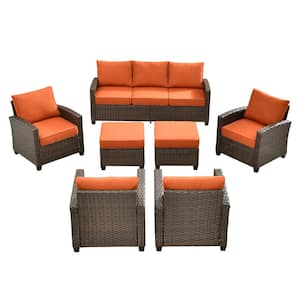 Solidago Brown 7-Piece Wicker Outdoor Patio Conversation Seating Set with Orange Red Cushions