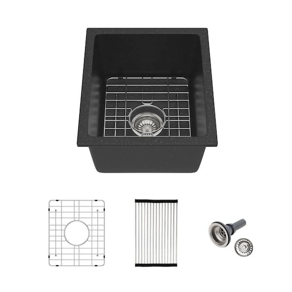 15 in. Black Quartz Composite Undermount Kitchen Sink Single Bowl Prep Bar Basin Round Corner with Bottom Grid