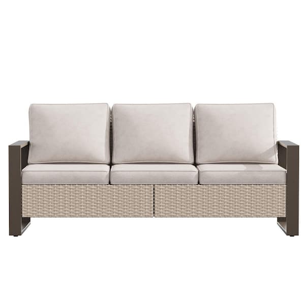 3-Seat Wicker Outdoor Couch Patio Sofa with Metal Frame Armrests and Beige Cushions