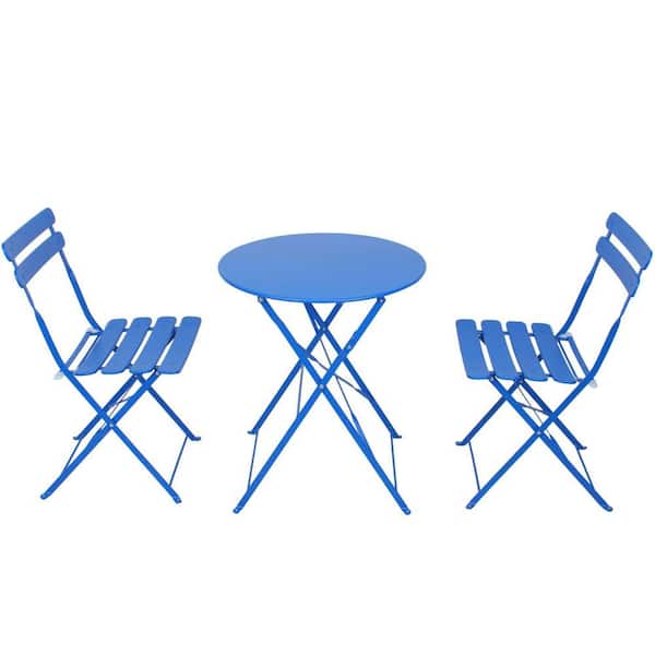 Miscool Anky Blue Patio 3-Piece Metal Round Table and 2-Chairs Foldable Outdoor Bistro Set