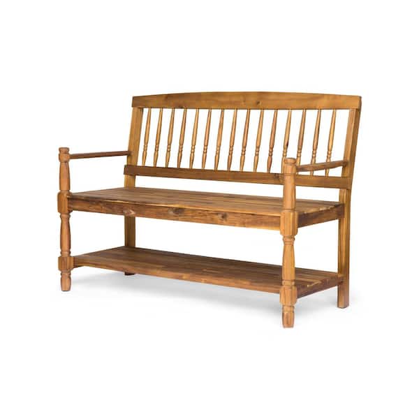 Unbranded Teak 51 in. Wood Outdoor Bench with Shelf 2-Person Garden Bench w/550 lbs. Weight Capacity Weatherproof Patio Benches