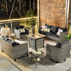 Michigan 6-Pcs Wicker Outdoor Patio Fire Pit Seating Sofa Set and with Black Cushions and Swivel Rocking Chairs