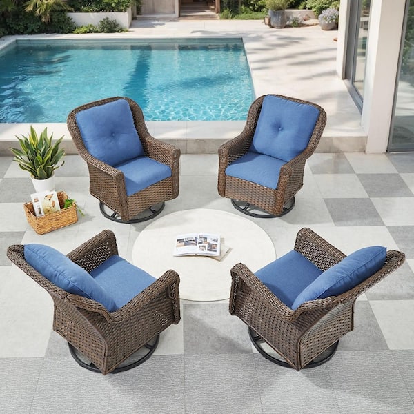 Jura 4-Piece Brown Wicker Outdoor Rocking Chair Patio Furniture Swivel Glider Set Deep Seating with Blue Cushions