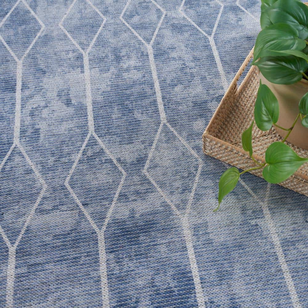 Navy Blue Geometric Synthetic Indoor/Outdoor Runner Rug