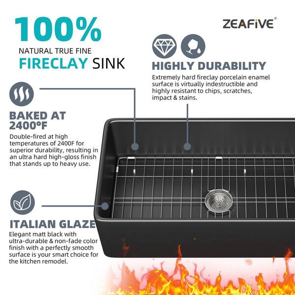 Unbranded - Ber 30 in. Apron Front Single Bowl Fireclay Farmhouse Kitchen Sink Black with Bottom Grid and Strainer