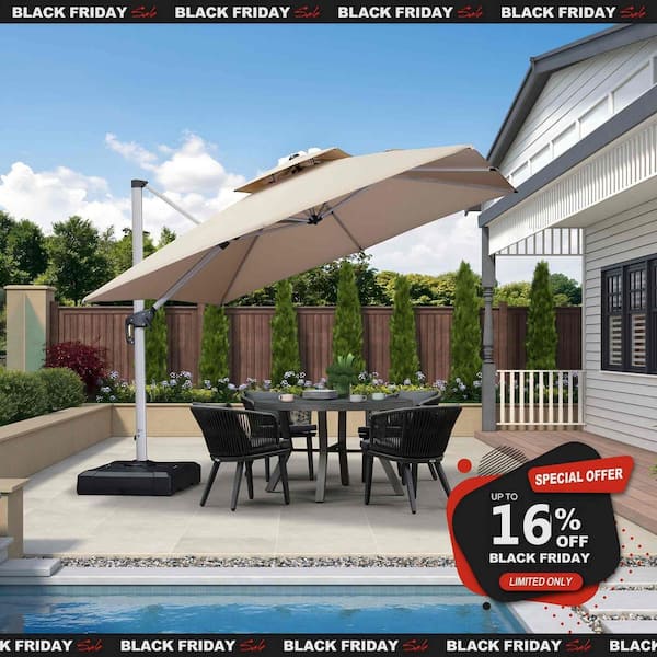 10 ft. Square High-Quality Aluminum 360 Rotation Cantilever Polyester Outdoor Patio Umbrella with Base, Beige
