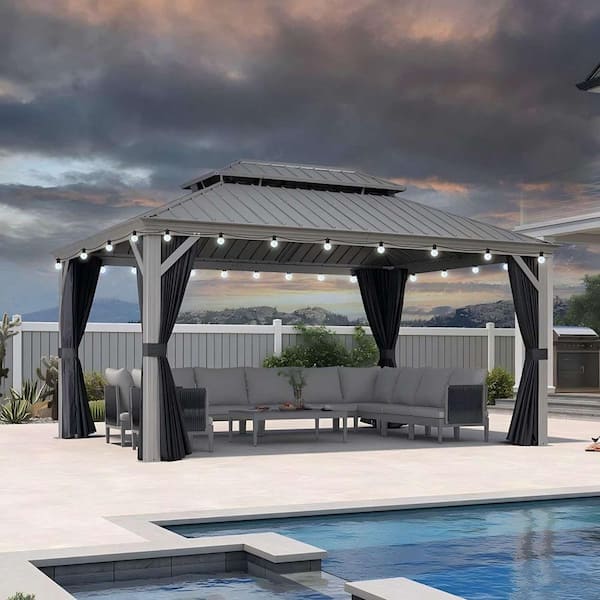 11 ft. x 15 ft. Light Gray Patio Outdoor Gazebo for Backyard Hardtop Aluminum Frame, Hooks, Curtain, Netting, 24-Lights