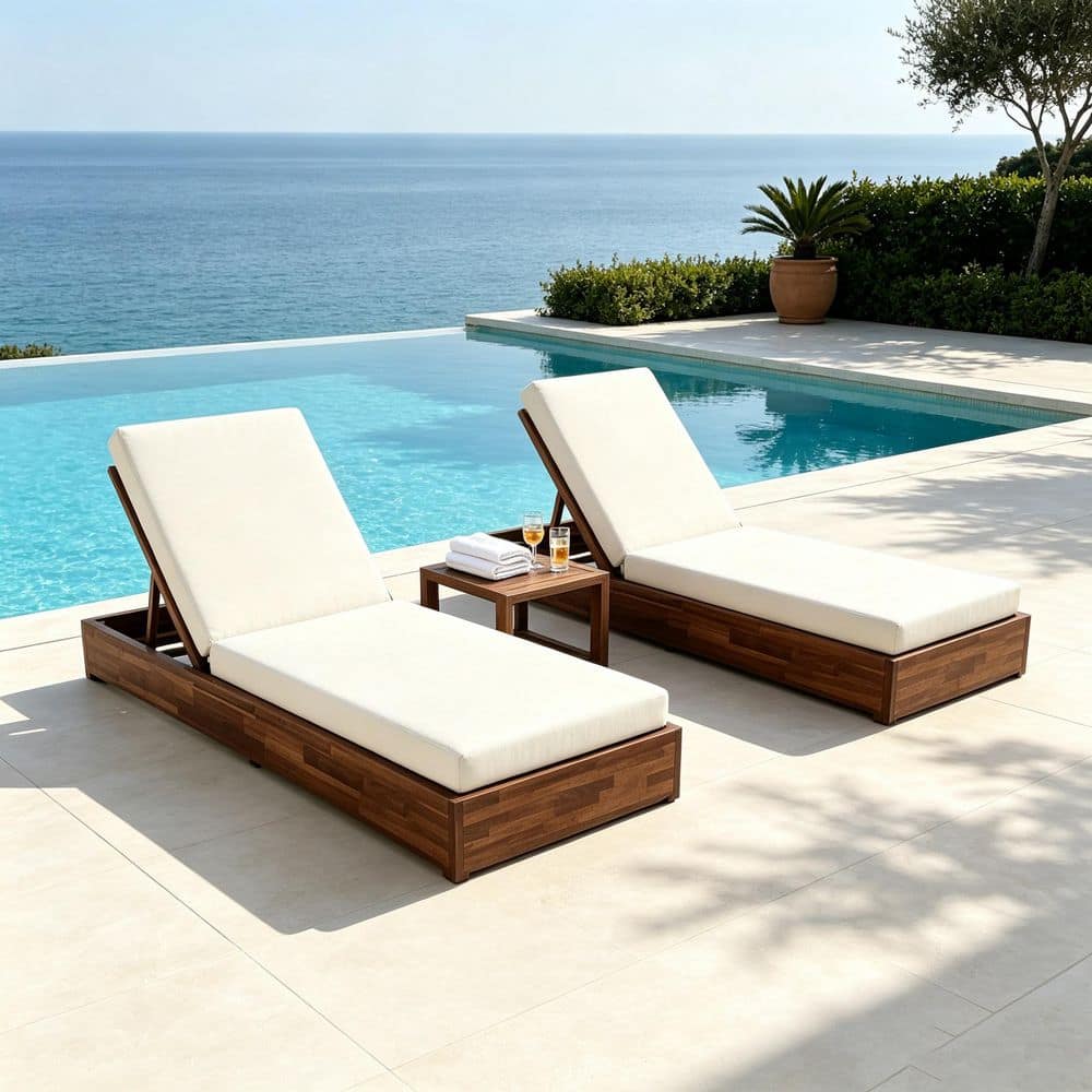 2-Piece Brown Acacia Wood Armless Outdoor Patio Chaise Lounge with Cream Cushions