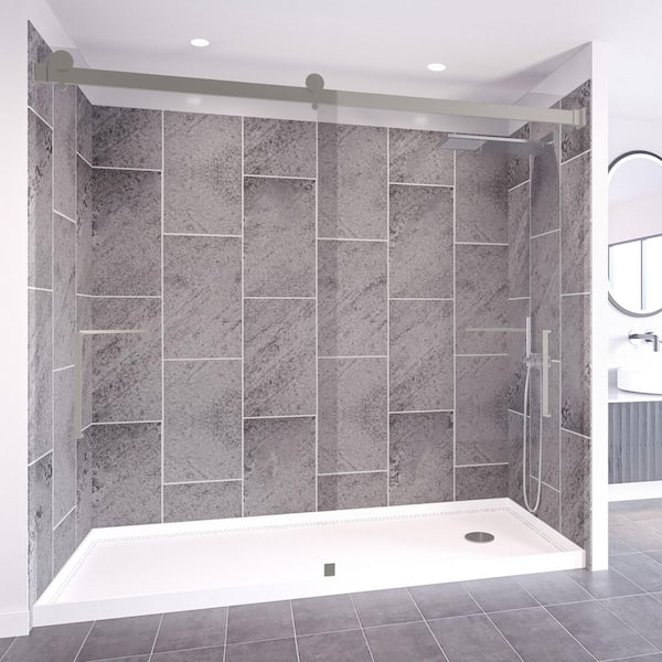 NuVo Slate Grey-Tetherow 60 in. x 30 in. x 83 in. Base/Wall/Door Rectangular Alcove Shower Stall/Kit Brushed Nickel Right