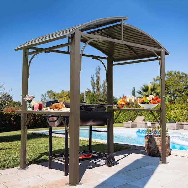 8 ft. x 5 ft. Brown Metal Outdoor Grill Canopy with Double Galvanized Steel Arc Roof, 2 Side Shelves for Patio Garden