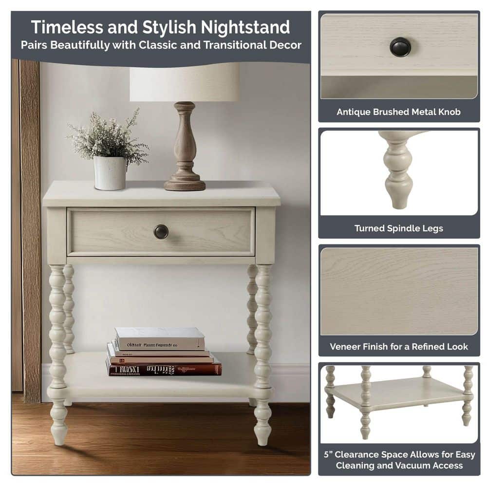 Natural Oak 1-Drawer Solid Wood Nightstand with Turned Legs